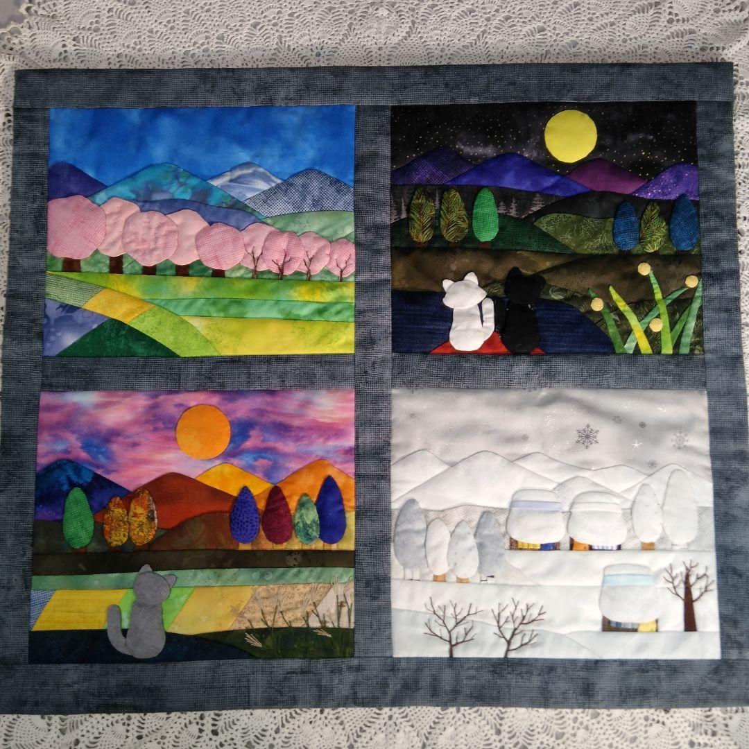 四季の風景タペストリー・古民家と猫たち・パッチワークキルト62×54