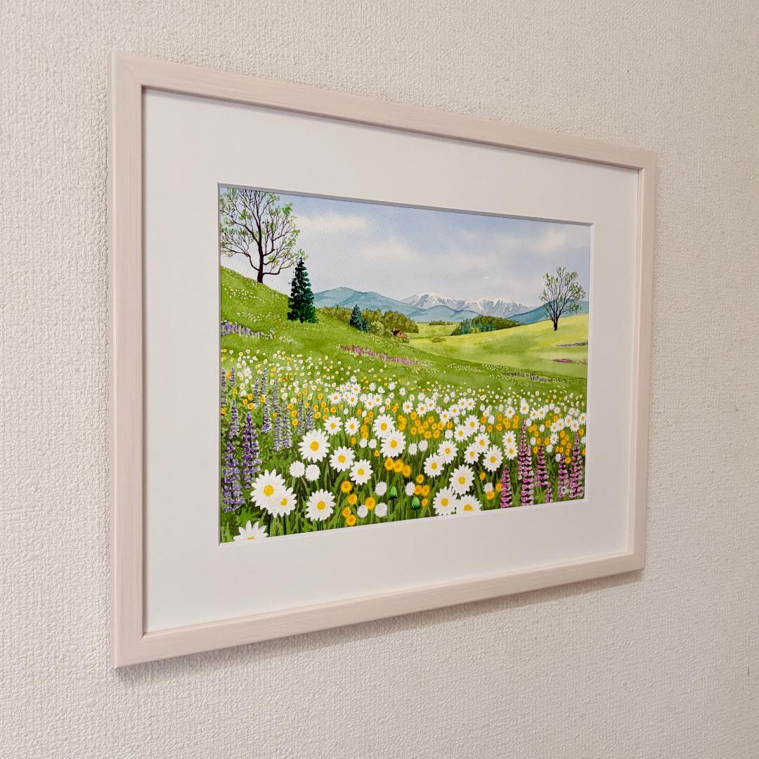 透明水彩画　原画　「野花の咲くフィールド01」額縁付き　F4サイズ　風景画