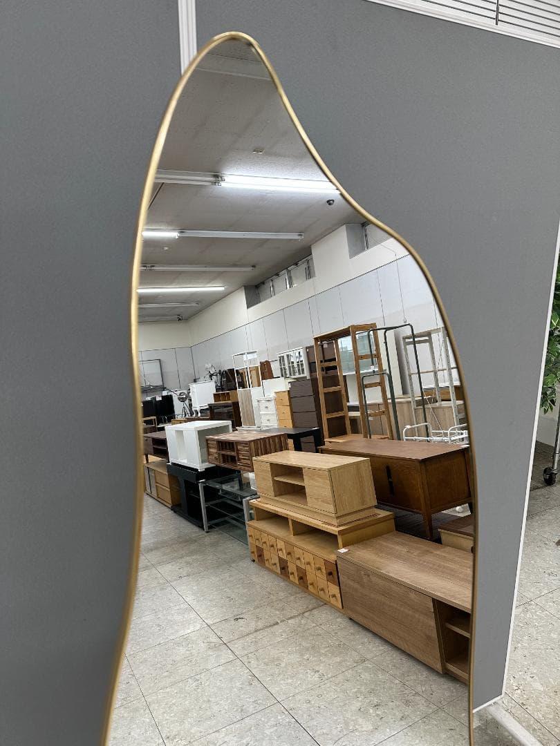 鏡　姿見　スタンドミラー　ウェーブミラー　ゴールド