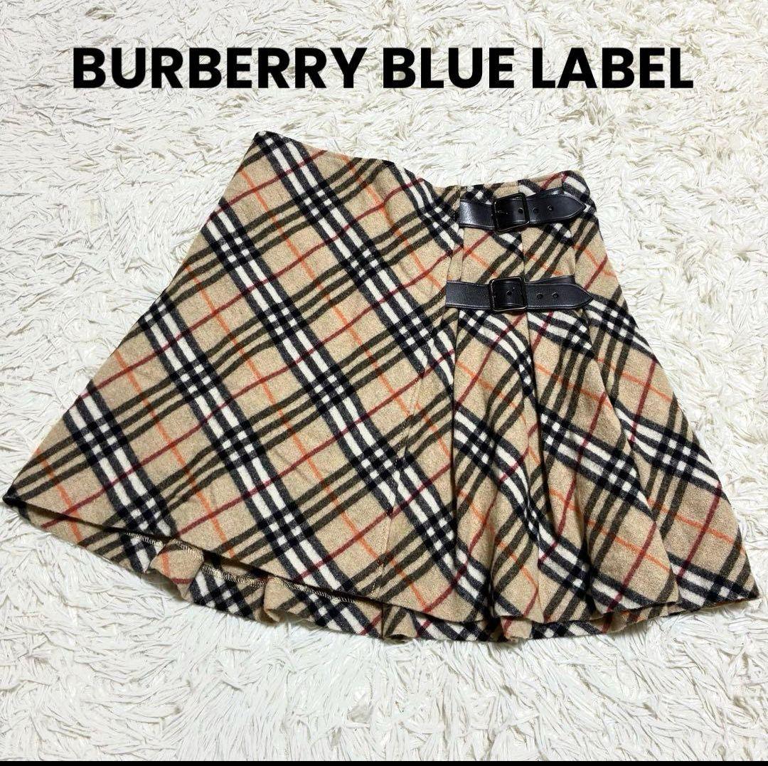 バーバリーブルーレーベル カシミヤ混 ノバチェック プリーツ フレアミニスカート