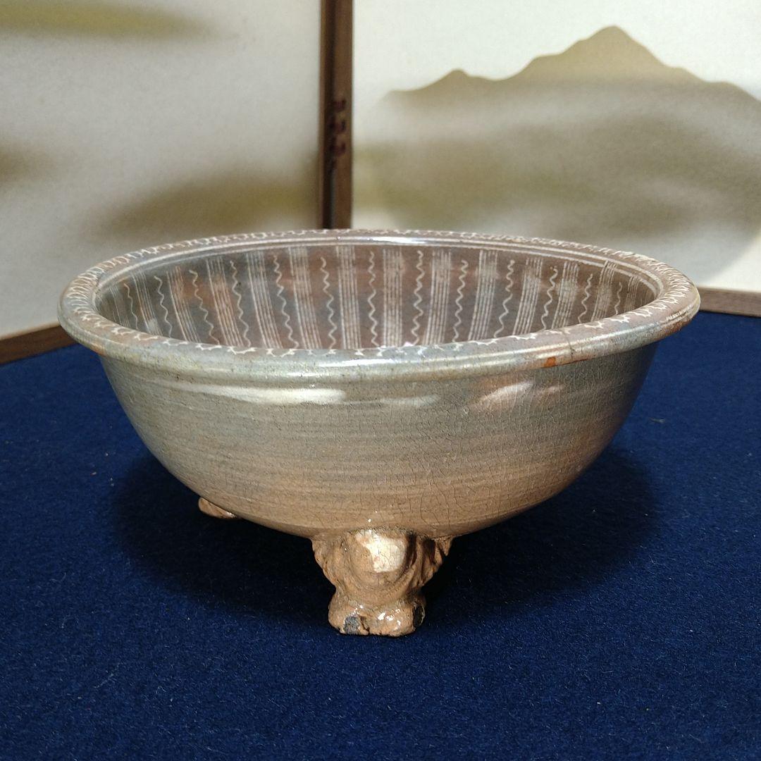 AH50 三島窯 音右衛門造 足付脚付菓子器 唐子 三島焼 菓子器 木箱入茶道具