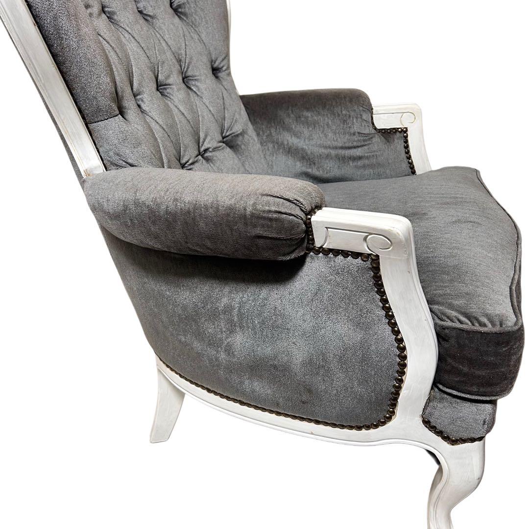 カリモク　ロココ調　グレー　アンティーク　シングルソファ