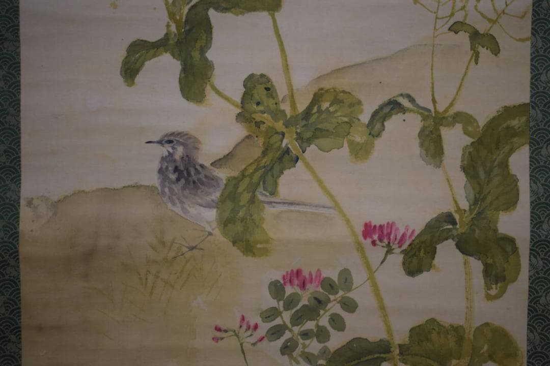 真作/藤井松山/塢午晴/菜の花/小禽図/桐共箱付/布袋屋掛軸HJ-48