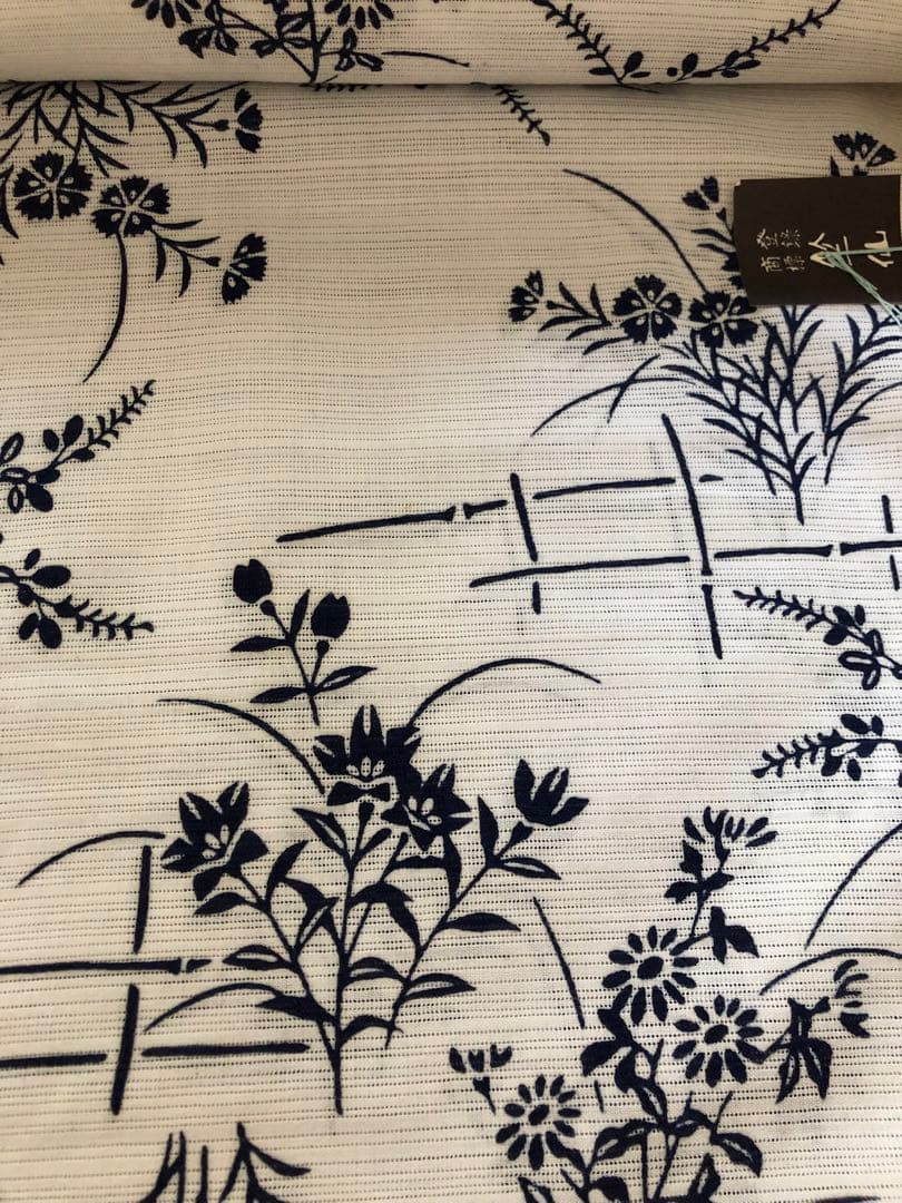 浴衣　反物　竺仙　綿絽　白地に紺　垣根に 秋草