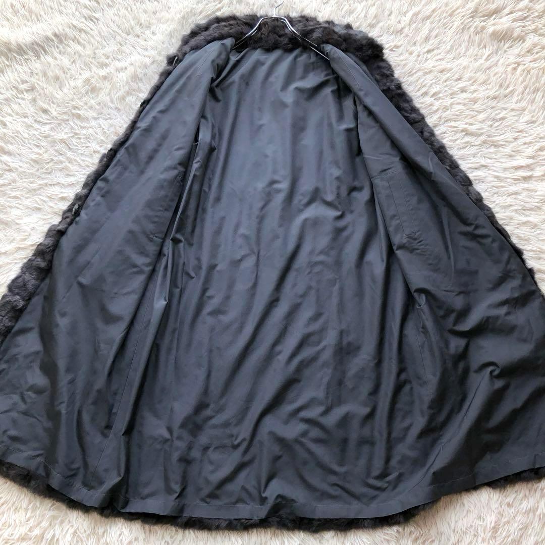 【超ロング】毛皮コート　ブルーパープル　ラビット　リバーシブル　シルク　総柄模様