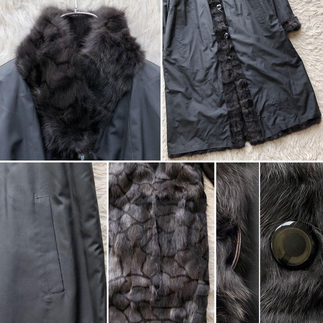 【超ロング】毛皮コート　ブルーパープル　ラビット　リバーシブル　シルク　総柄模様