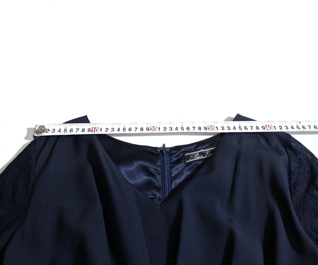 プールヴー／サイズ4L ウエストタックフレアドレス マキシ丈 ネイビー レース