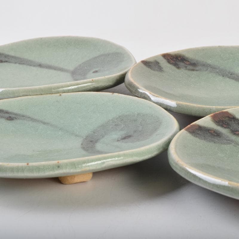 みゆ　天神窯　山田健吉作　青瓷絵　銘々皿　五客　共布共箱　C　9098