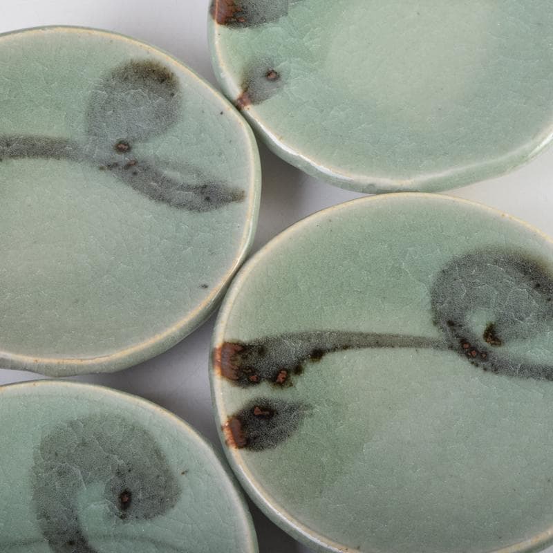 みゆ　天神窯　山田健吉作　青瓷絵　銘々皿　五客　共布共箱　C　9098