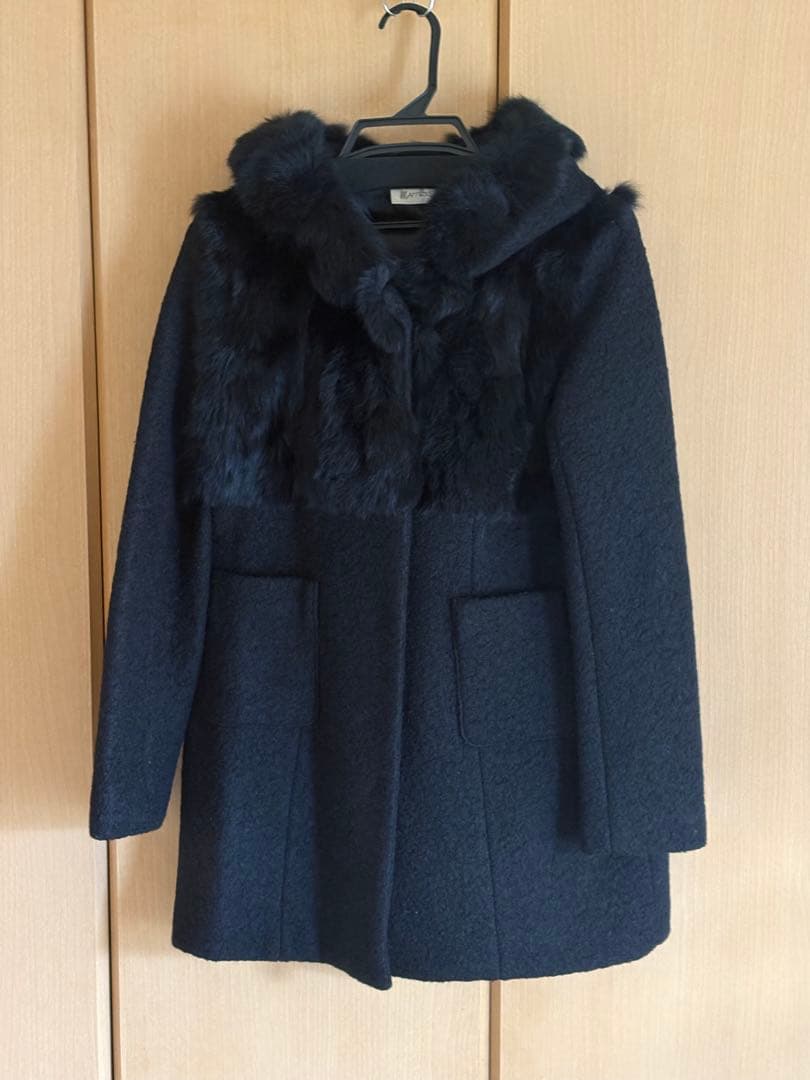 未使用 YAMADAYA リアルラビットファー ウールコート フード付 ブラック