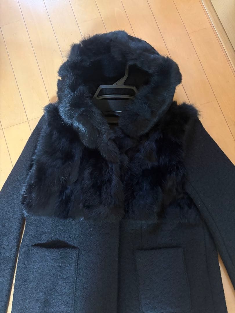 未使用 YAMADAYA リアルラビットファー ウールコート フード付 ブラック