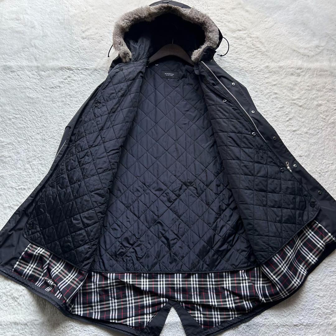バーバリーブラックレーベル モッズコート 裏地チェック ライナー ファー 黒 L