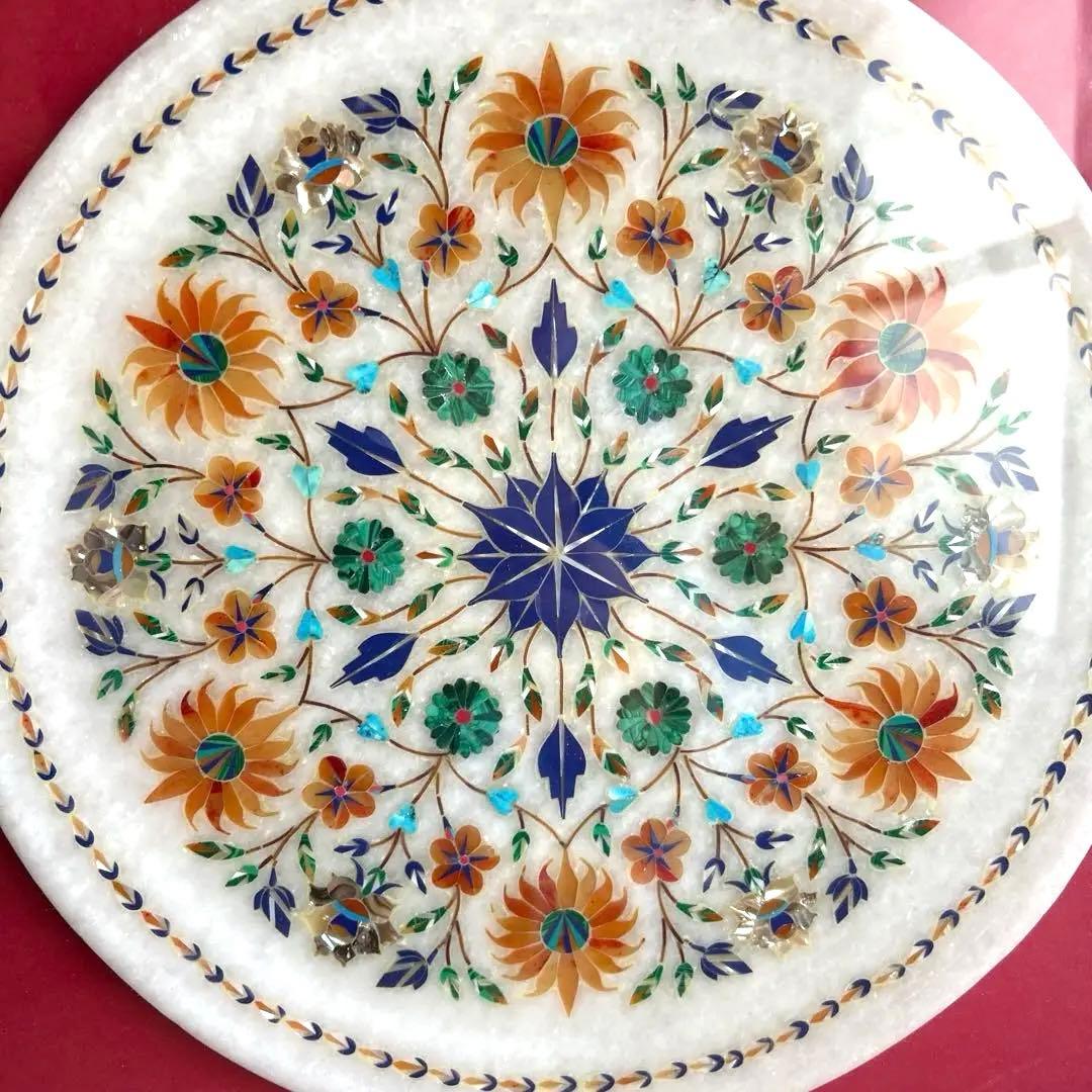 インド　大理石　象嵌細工 螺細　飾り皿　額装