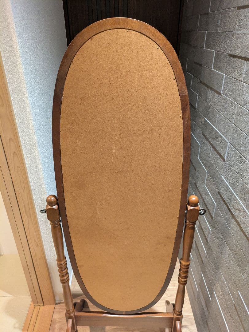 【アンティーク】ナチュラル木製スタンドミラー 姿見 全身鏡 オーバルデザイン