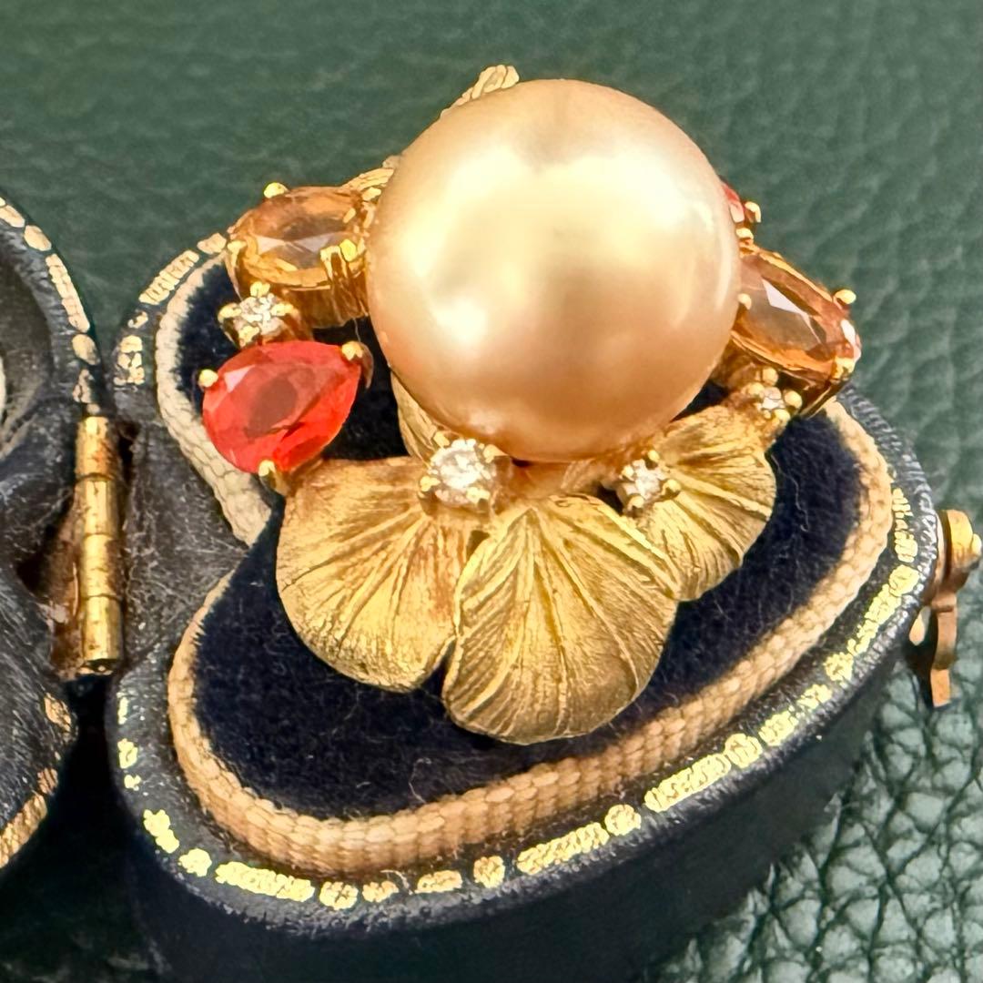 マイヤ様　k18YG南洋ゴールデンパールファイヤオパールダイヤシトリン彫金リング