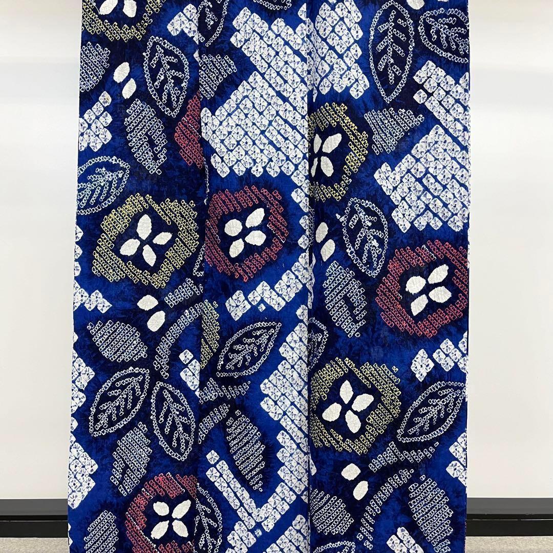 ☆ 夏着物 浴衣 有松鳴海本絞り 縦柄花模様 瑠璃色 しつけ糸 K-3722