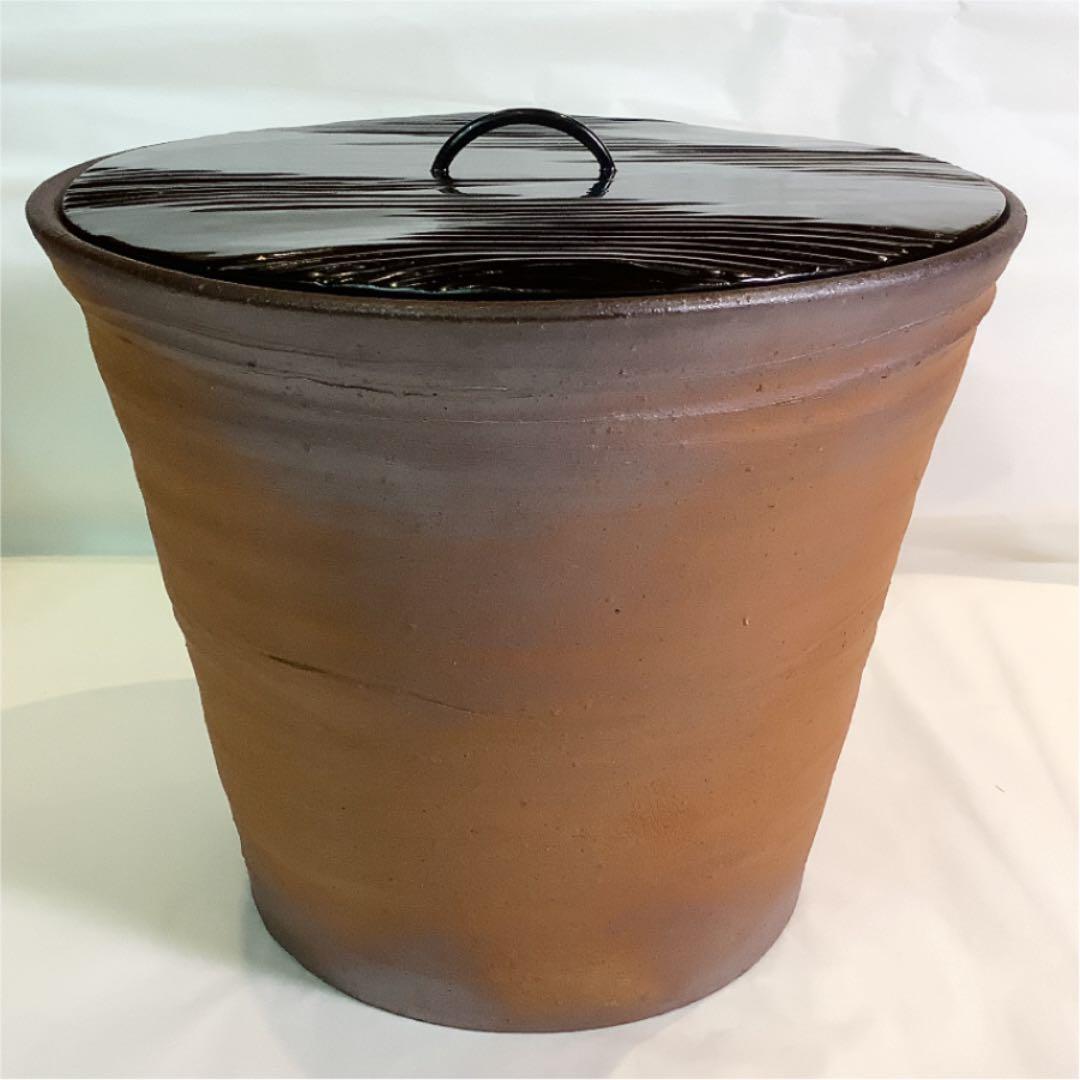 【茶道具】峰越窯 竹元郁雄作 越前焼水指　尋牛斎宗匠花押 塗蓋付