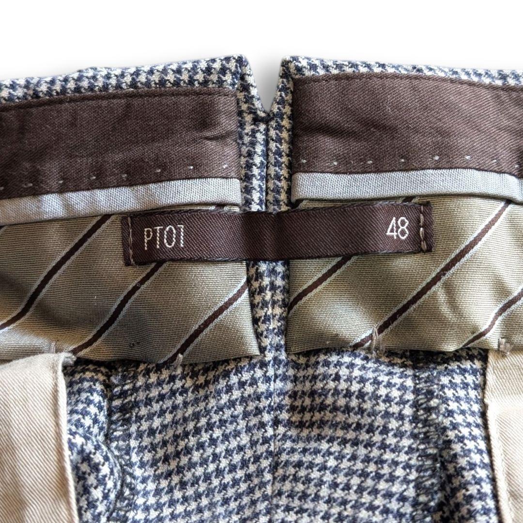 美品 PT01 千鳥格子 ストレッチ 秋冬ウール スラックス 48 ネイビー