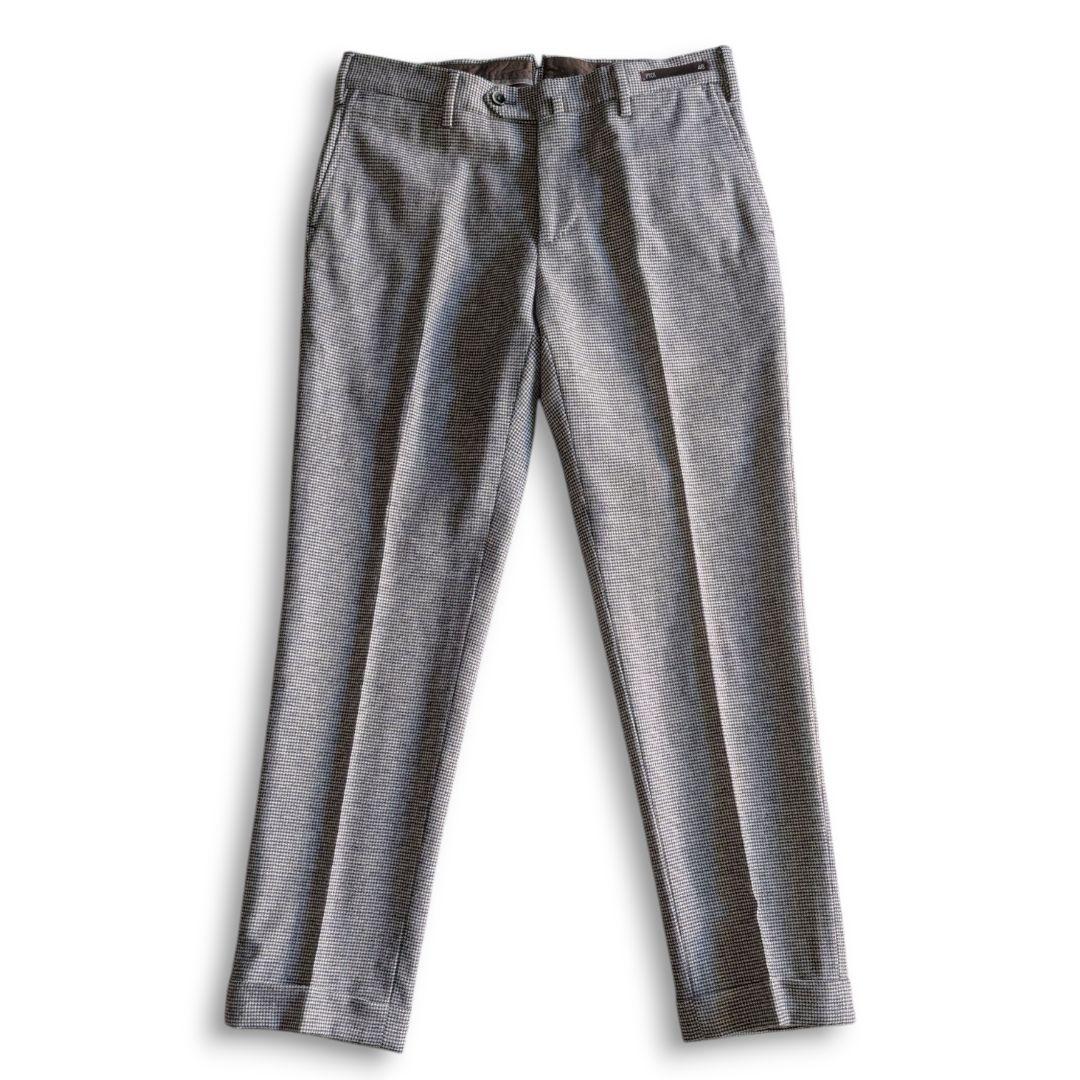 美品 PT01 千鳥格子 ストレッチ 秋冬ウール スラックス 48 ネイビー