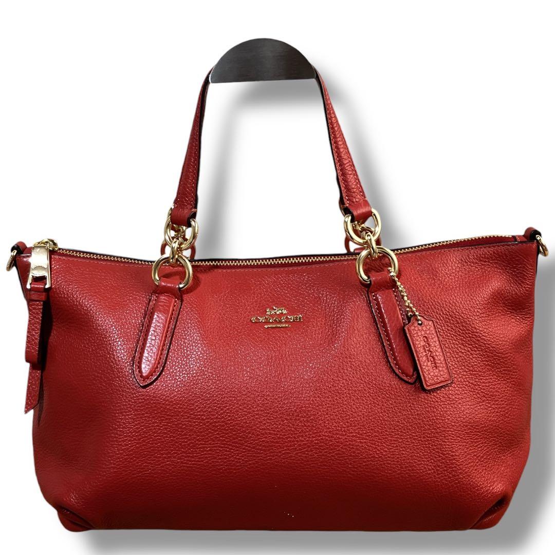 コーチ 良品 2way 斜め掛け可 馬車金具 シボレザー ハンドバッグ レッド系