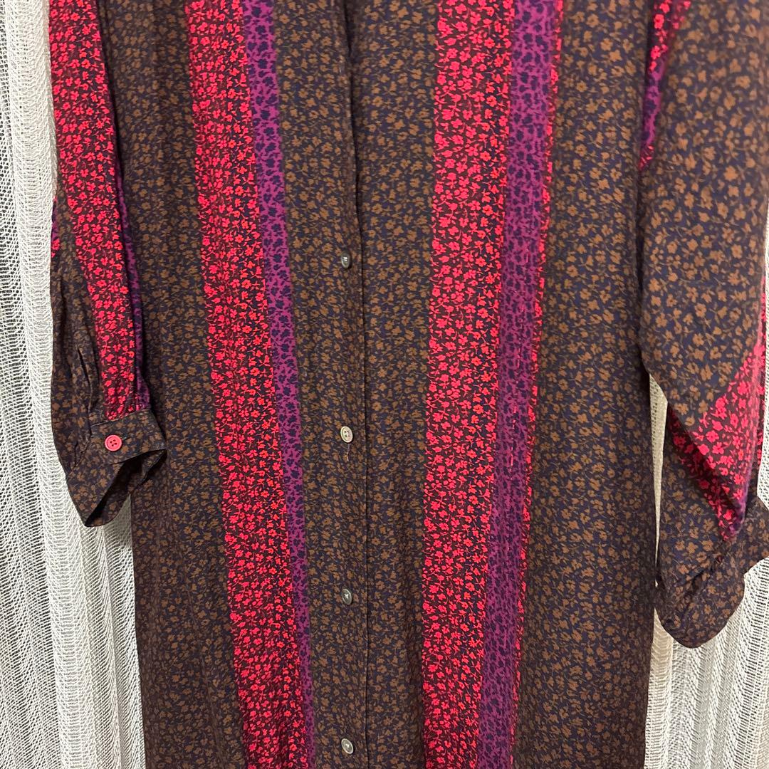 シャツワンピース 長袖 ブラウン レッド パープル