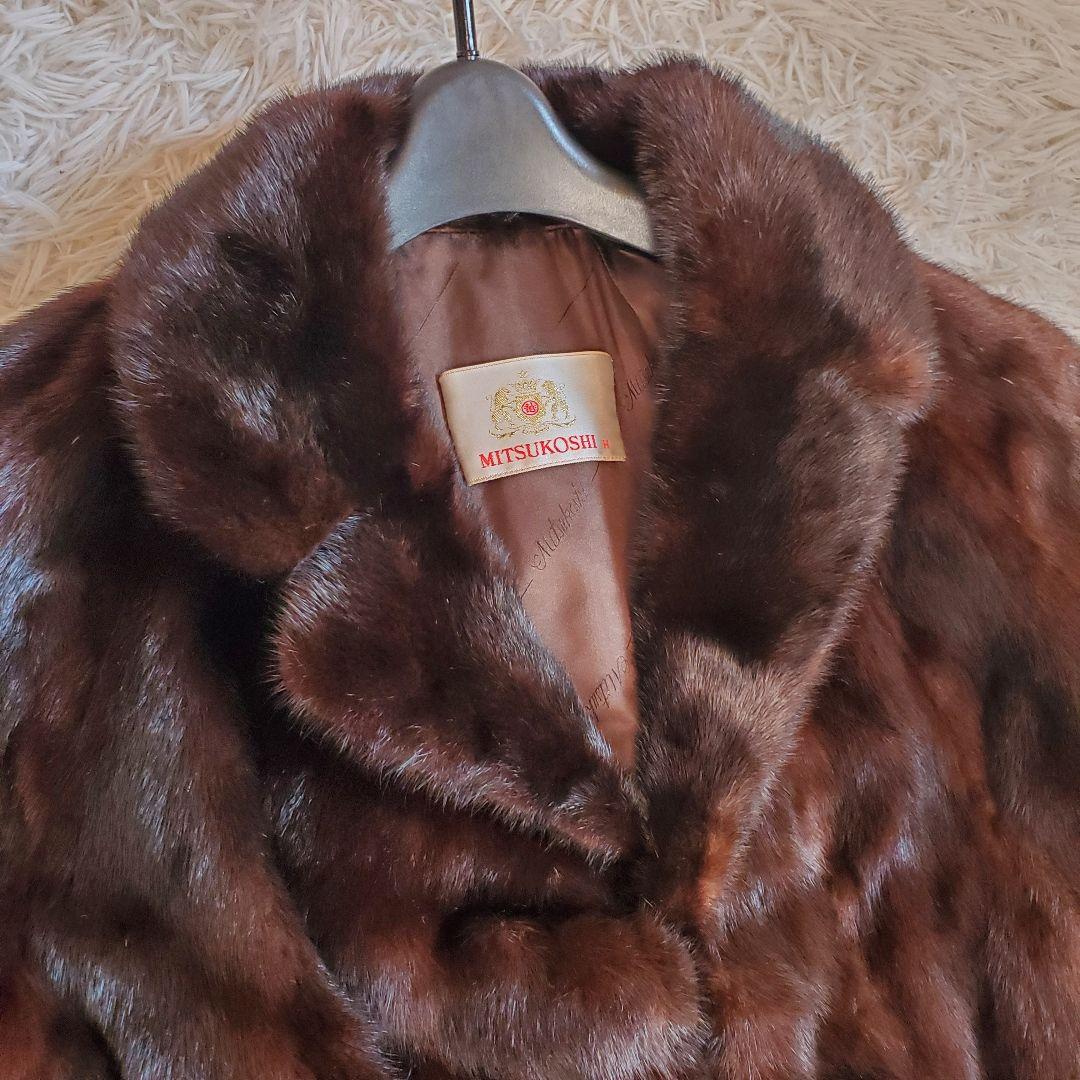 美品 MITSUKOSHI デミパフミンク毛皮 ファーコート 15号 ミドル
