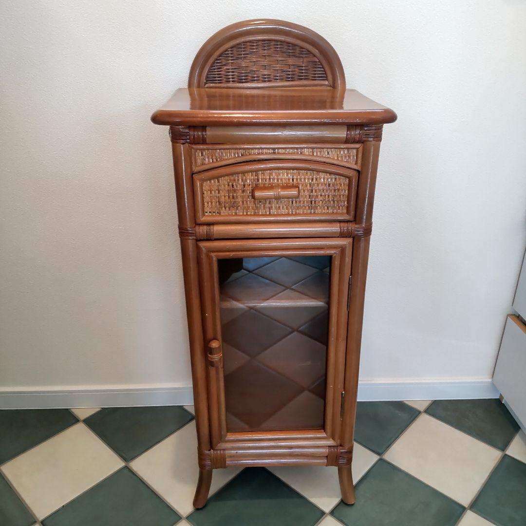 【ラタン電話台】ガラス扉 籐 チェスト 昭和レトロ　ヴィンテージ
