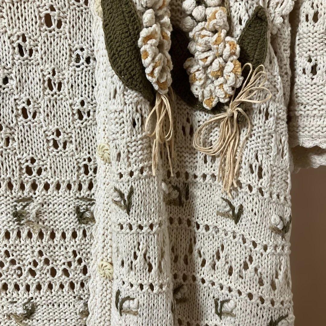 ビンテージ　ピンクハウス　透かし編みカーディガン 花飾り付き