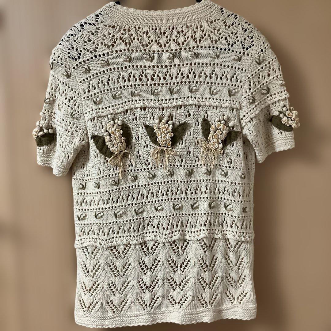 ビンテージ　ピンクハウス　透かし編みカーディガン 花飾り付き