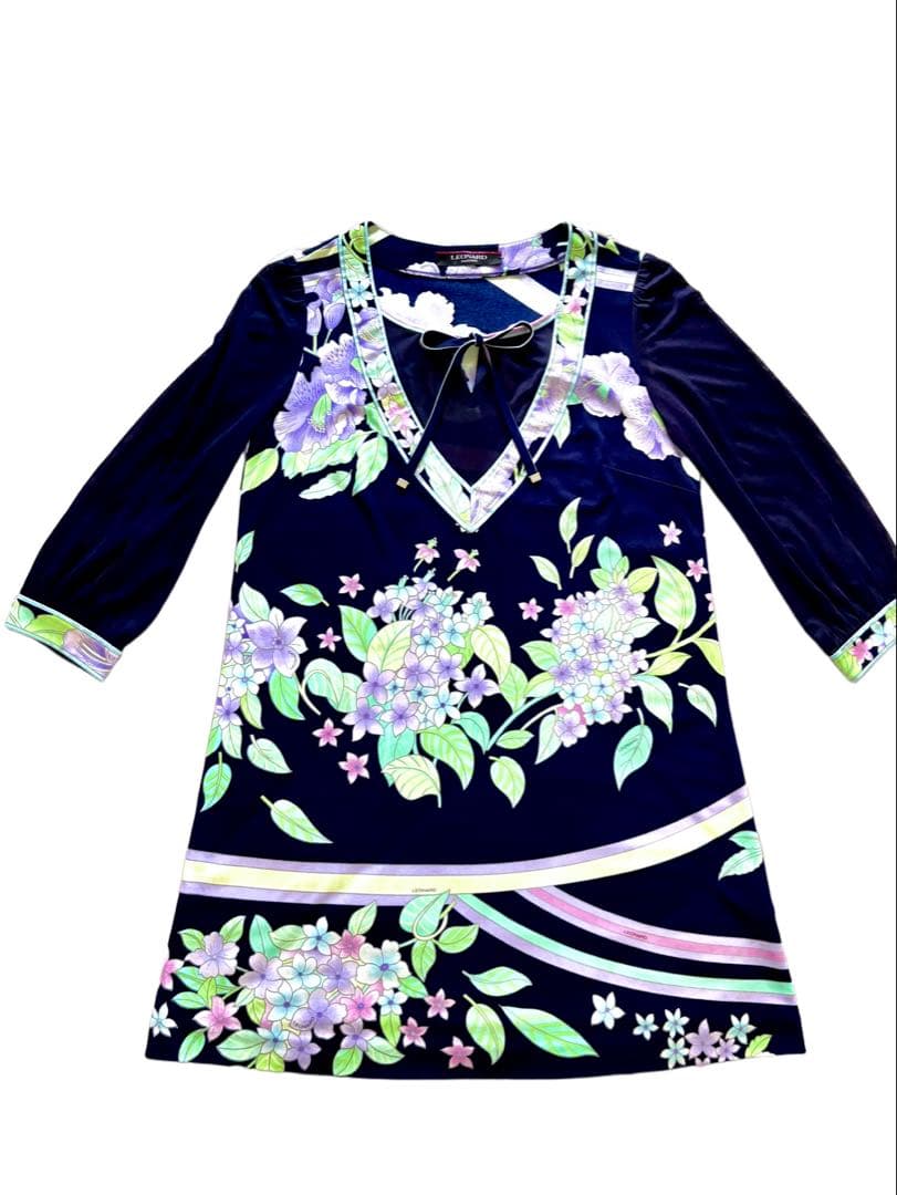 LEONARD フラワープリント チュニック ネイビー