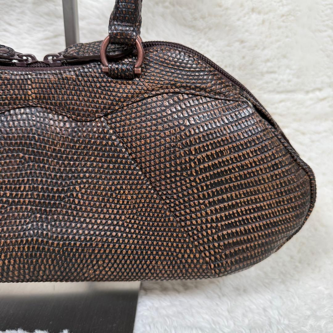 【美品】JRAタグ付 リザード 本革 ハンドバッグ ブラウン 茶 ヴィンテージ