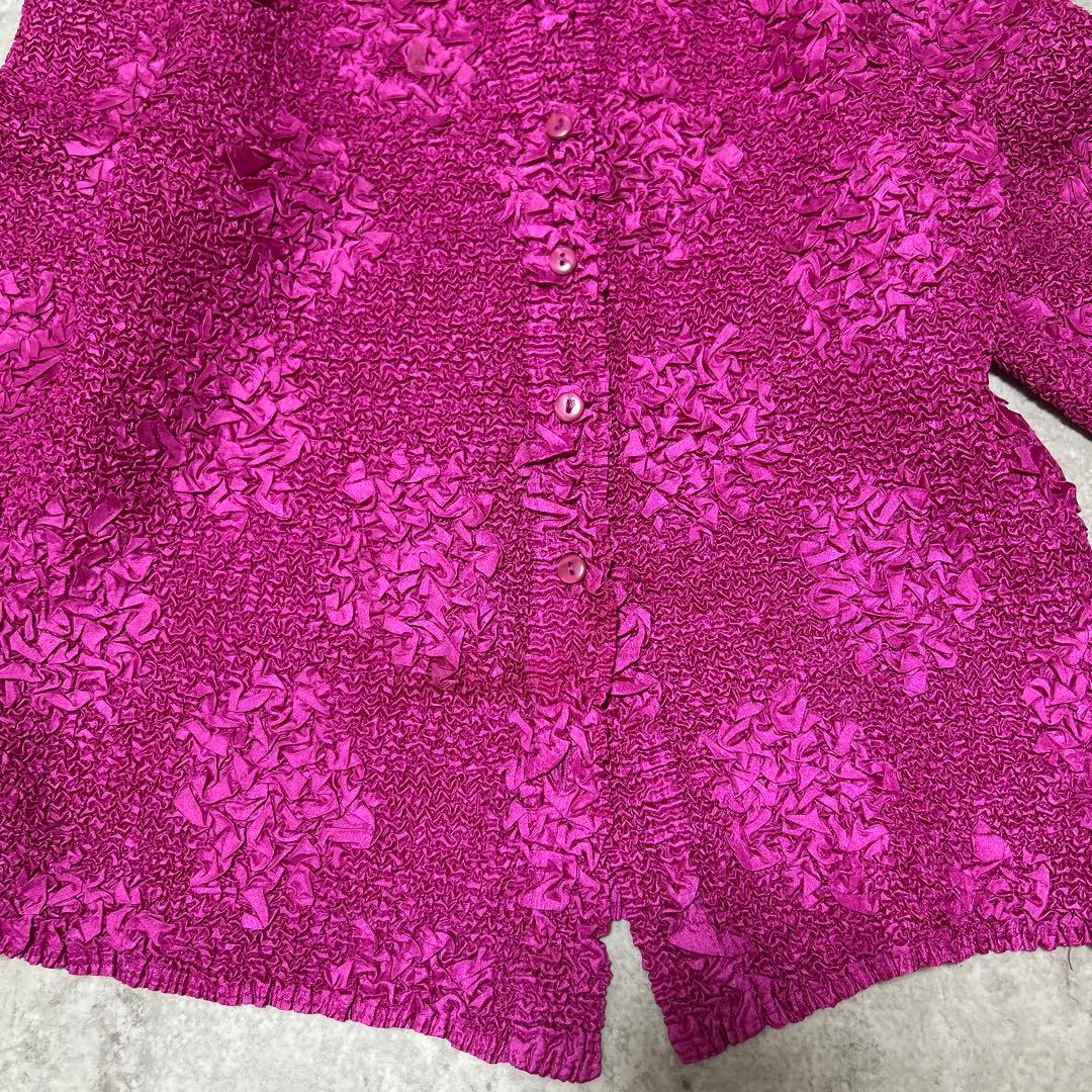 プリーツ シワ加工　ドット　デザイン　シャツブラウス　カットソー　ピンク