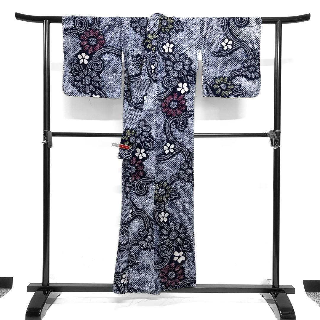 浴衣　有松鳴海絞り　花模様　小花　波　渦巻き　着物　033a d