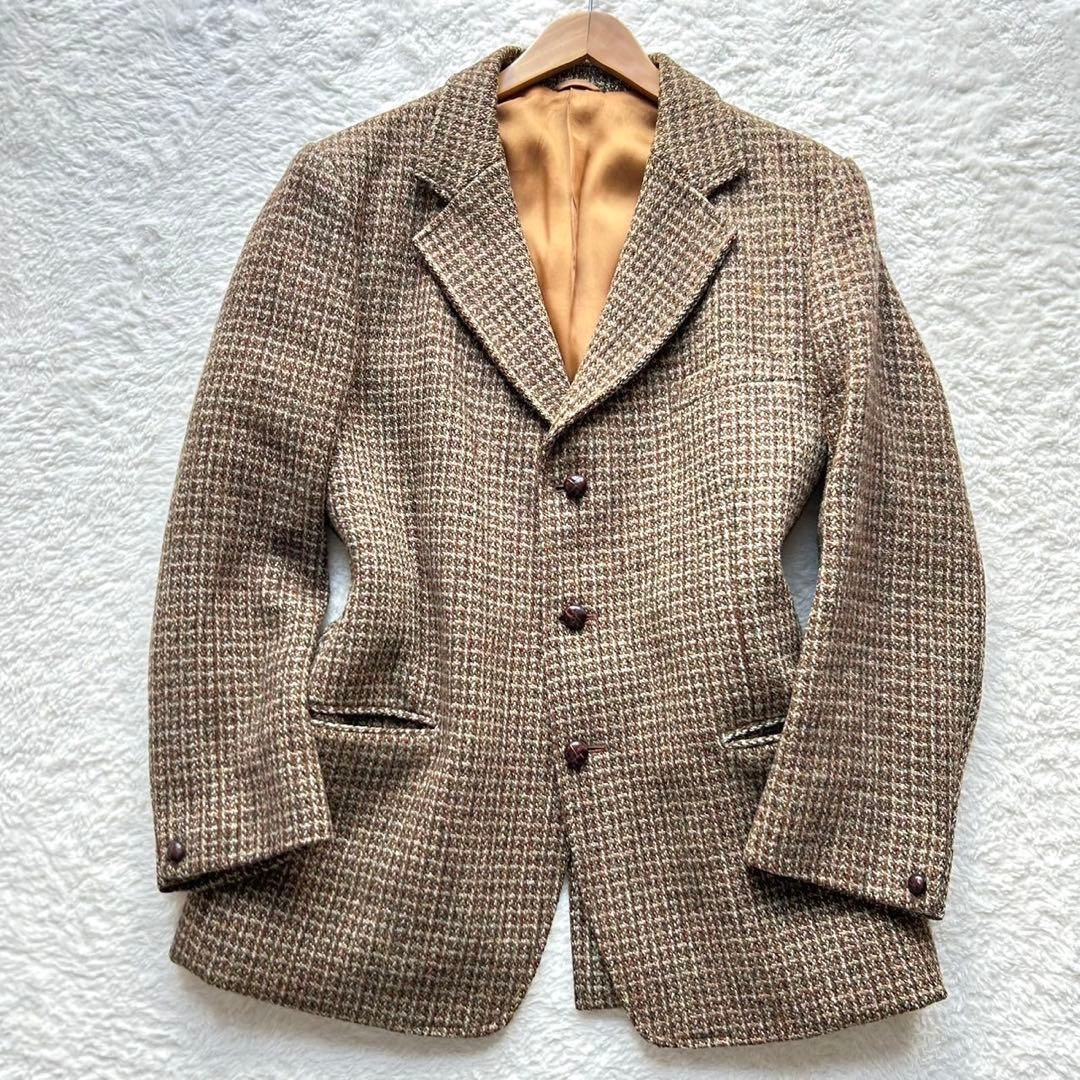 美品 ハリスツイード ヘリンボーン テーラードジャケット 胡桃ボタン ブラウン