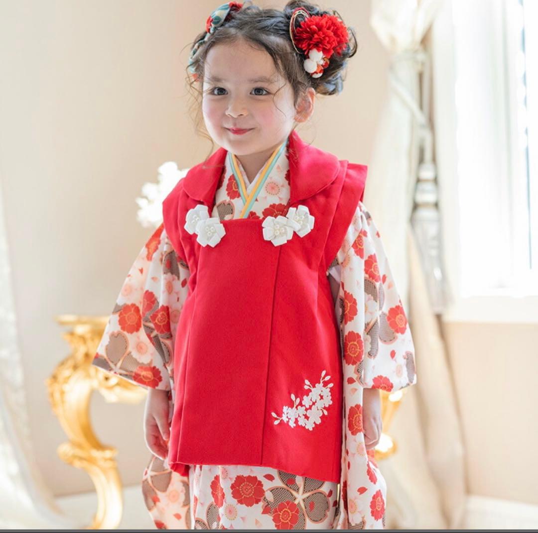 値下げ★赤と白の花柄 被布着 スリッポン 髪飾りセット 七五三 女の子 三歳