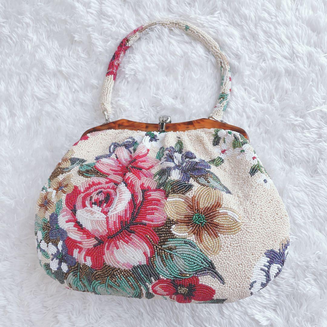 【人気】 ビーズバッグ　手刺繍　総柄　花柄　総ビーズバッグ　和装　がま口　バラ