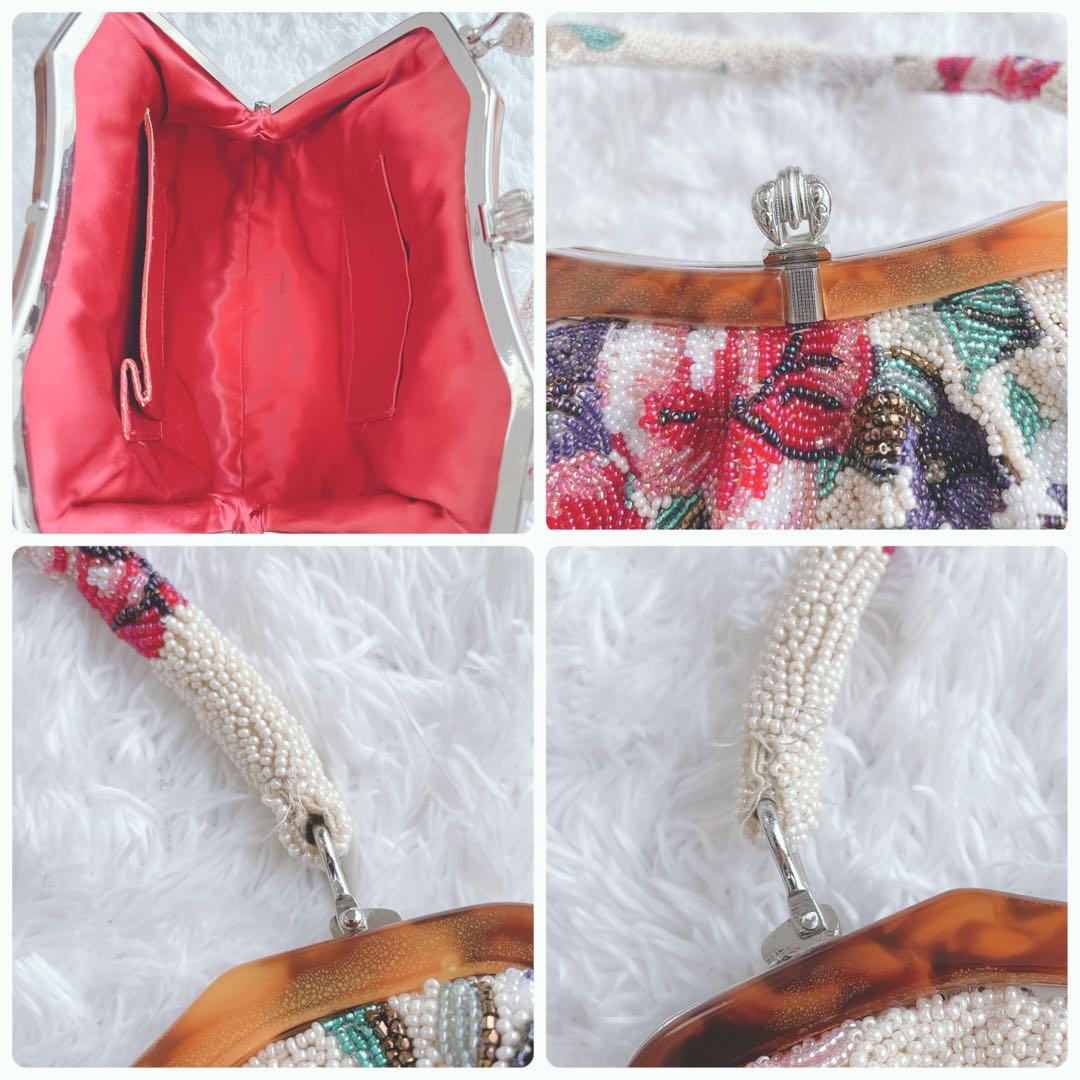 【人気】 ビーズバッグ　手刺繍　総柄　花柄　総ビーズバッグ　和装　がま口　バラ