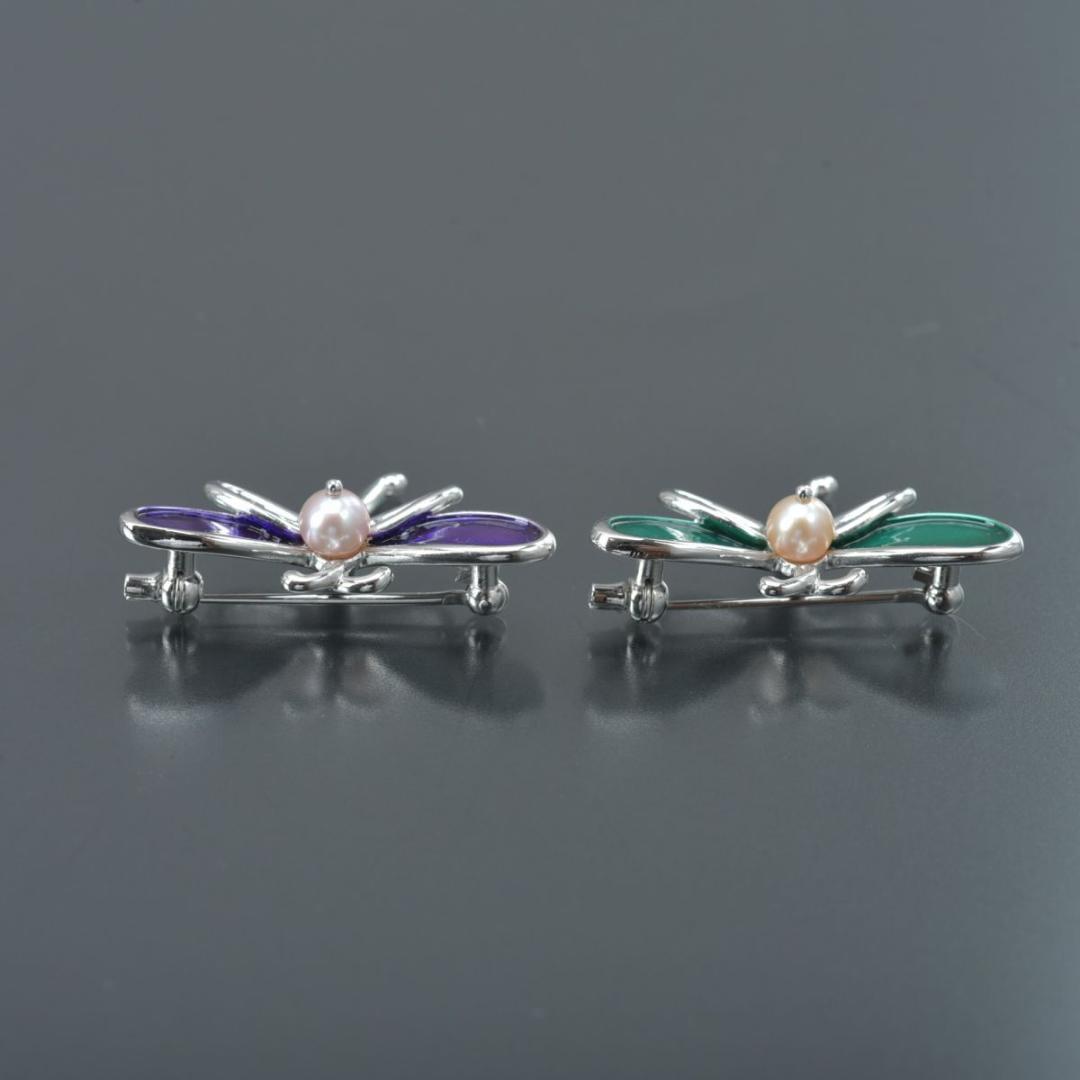 美品 TASAKI ブローチ トンボ 2個セット パール幅5.0mm SV 緑紫