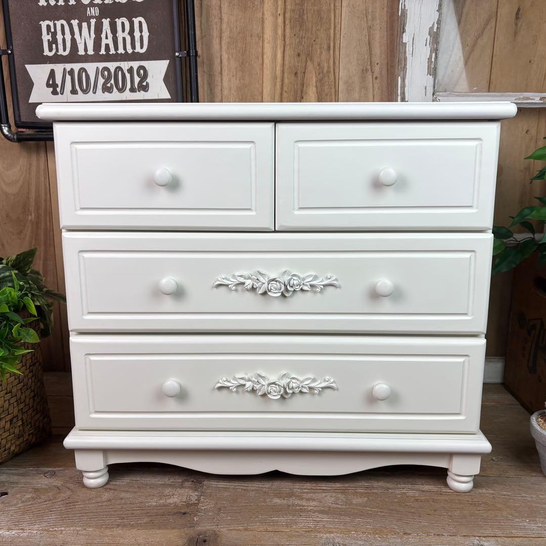 訳あり品！【93】フレンチ調ホワイトチェスト三段四つ引き木製収納家具姫系タンス