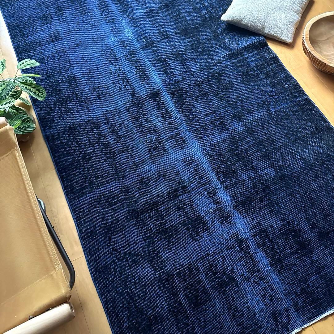 112.5×209藍色オーバーダイ　ワンカラーラグ　トルコヴィンテージラグ