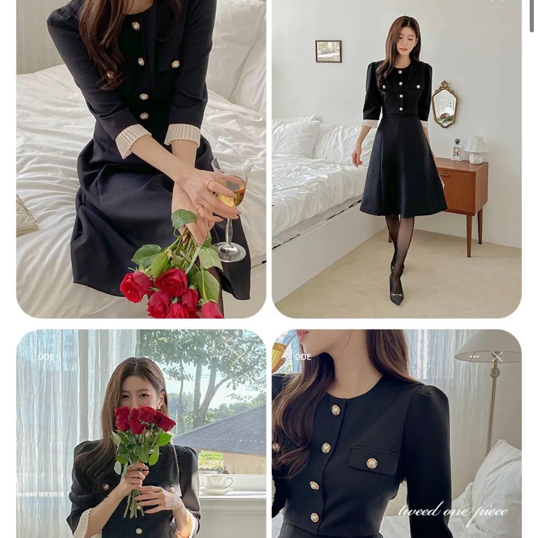 DHOLIC パール調ボタン プリーツ 7分袖 ツイード Aライン ワンピース