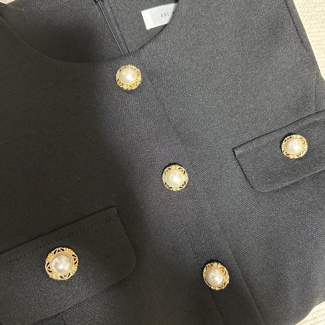 DHOLIC パール調ボタン プリーツ 7分袖 ツイード Aライン ワンピース