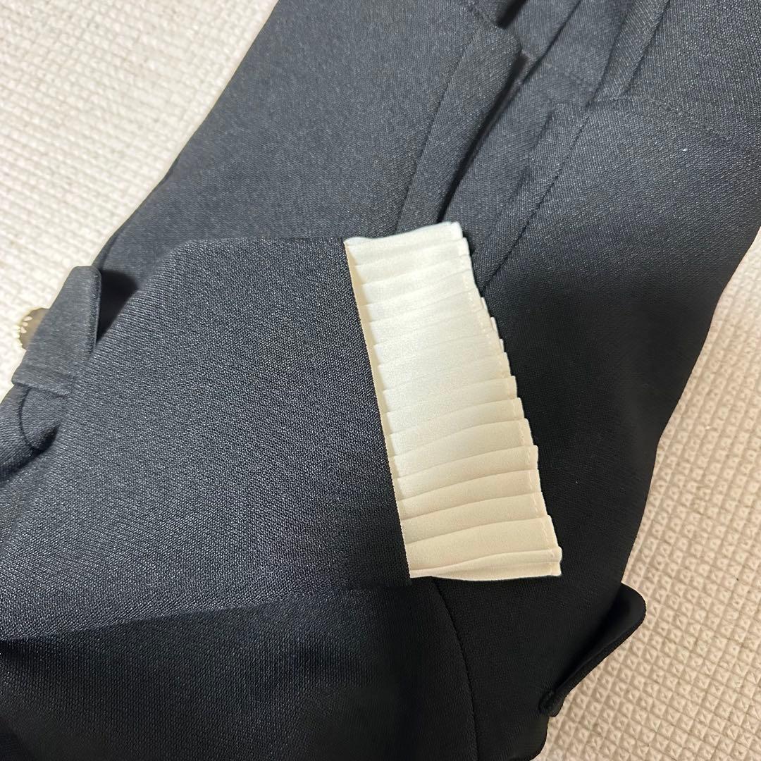 DHOLIC パール調ボタン プリーツ 7分袖 ツイード Aライン ワンピース