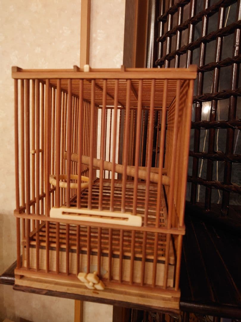 鳥かご メジロ籠　象牙調留具　竹　黒柿　二個セット