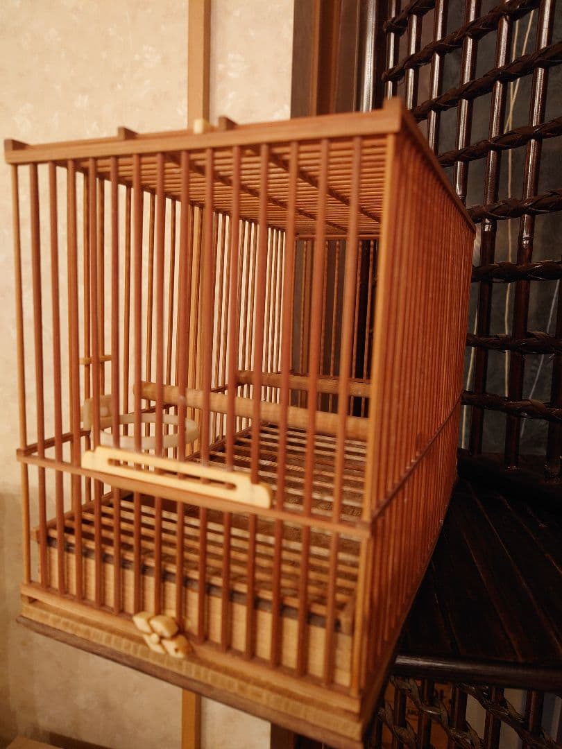 鳥かご メジロ籠　象牙調留具　竹　黒柿　二個セット