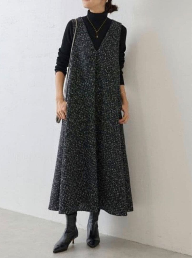 BEARDSLEY ビアズリー ツイード フレア ワンピース ブラック