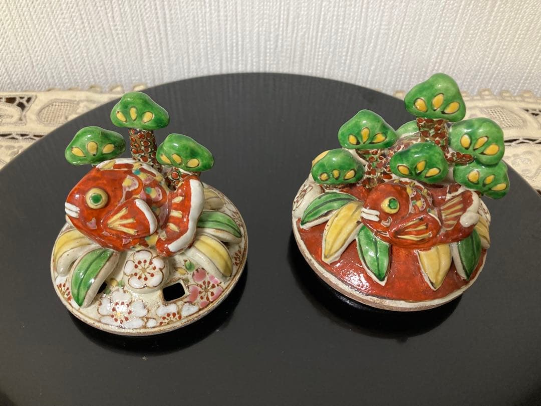 有田焼　香炉　濱田高滋作　目出鯛　紅白ペア　松竹梅　鯛に桜、花々