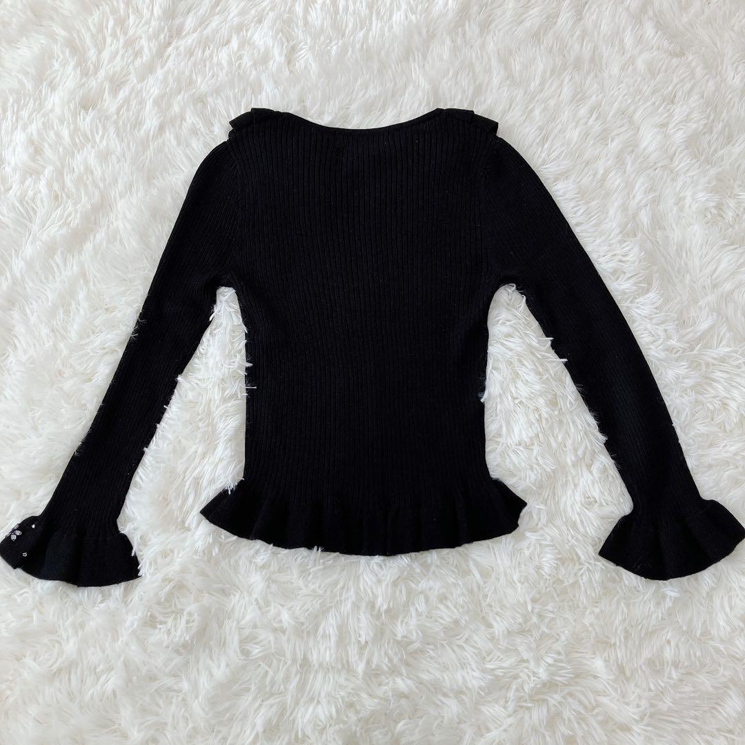 エムズグレイシー フリル＆ラインストーン ニット/カーディガン ダブルジップ 黒