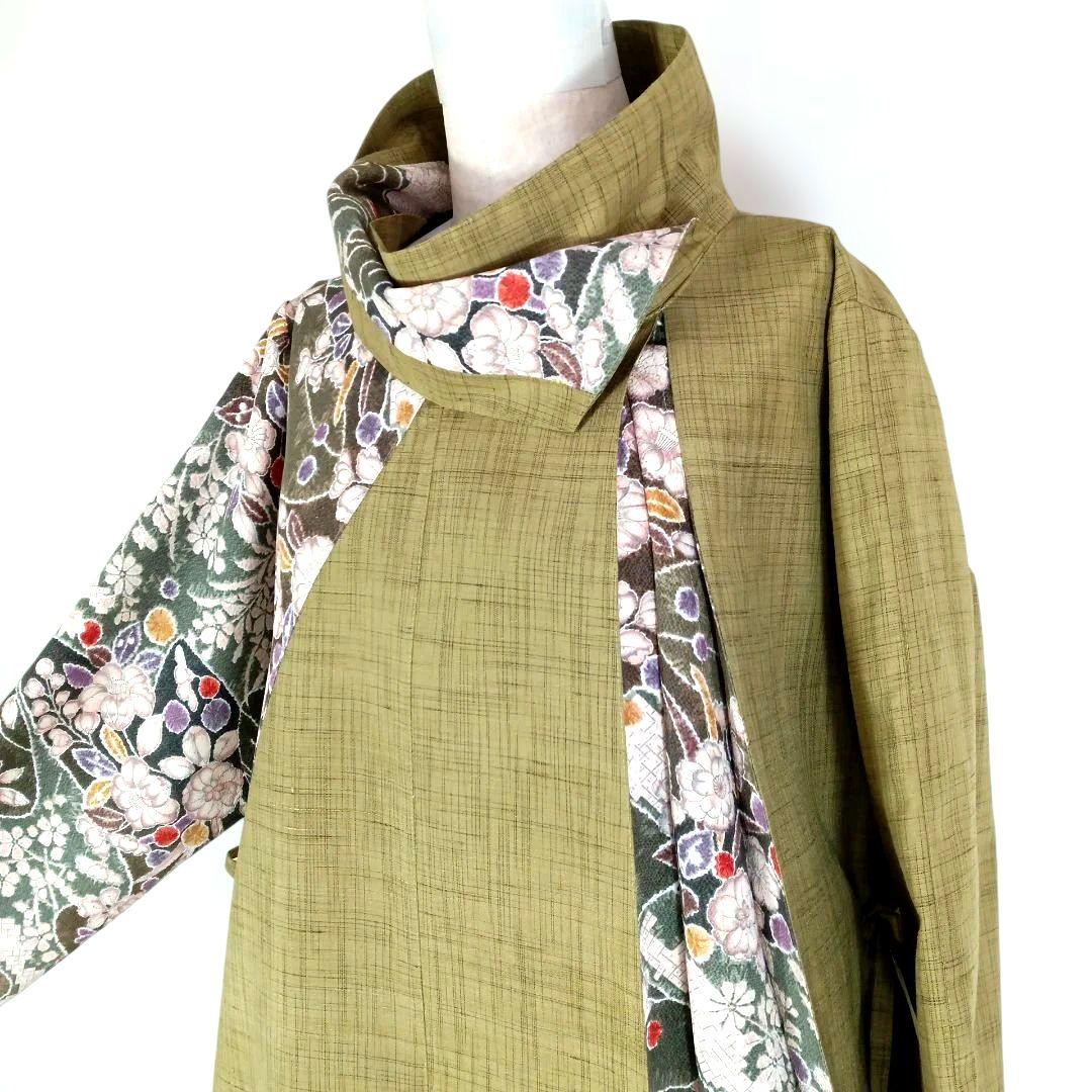 328　手染め大輔　着物リメイク　紬と縮緬辻ヶ花　ワンピース　Ｌ〜フリーサイズ
