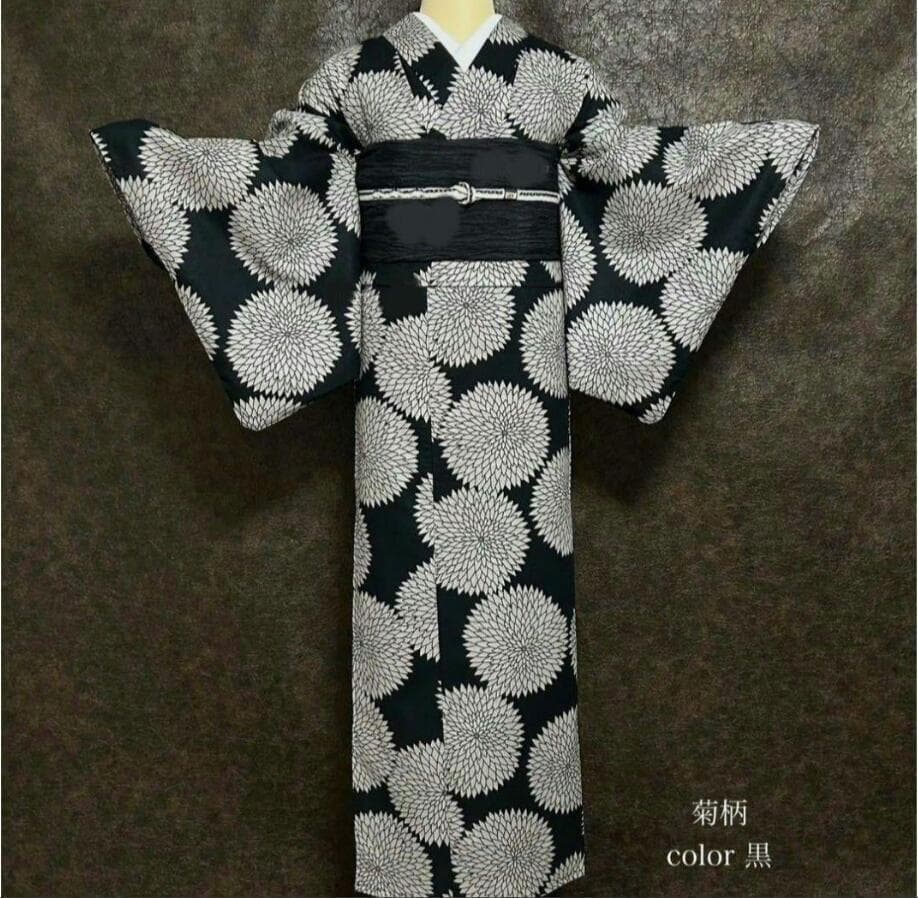 ◆最高級【綿麻浴衣】黒地狢菊古典ゆかた◆高級変わり織◆着物としても着用可◆